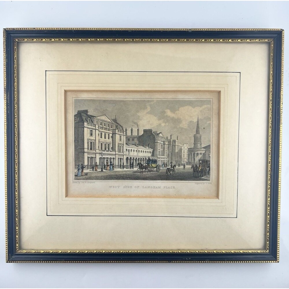 Antique 1830 London Engraving West Side of Langham Place Thomas Shepherd Framed